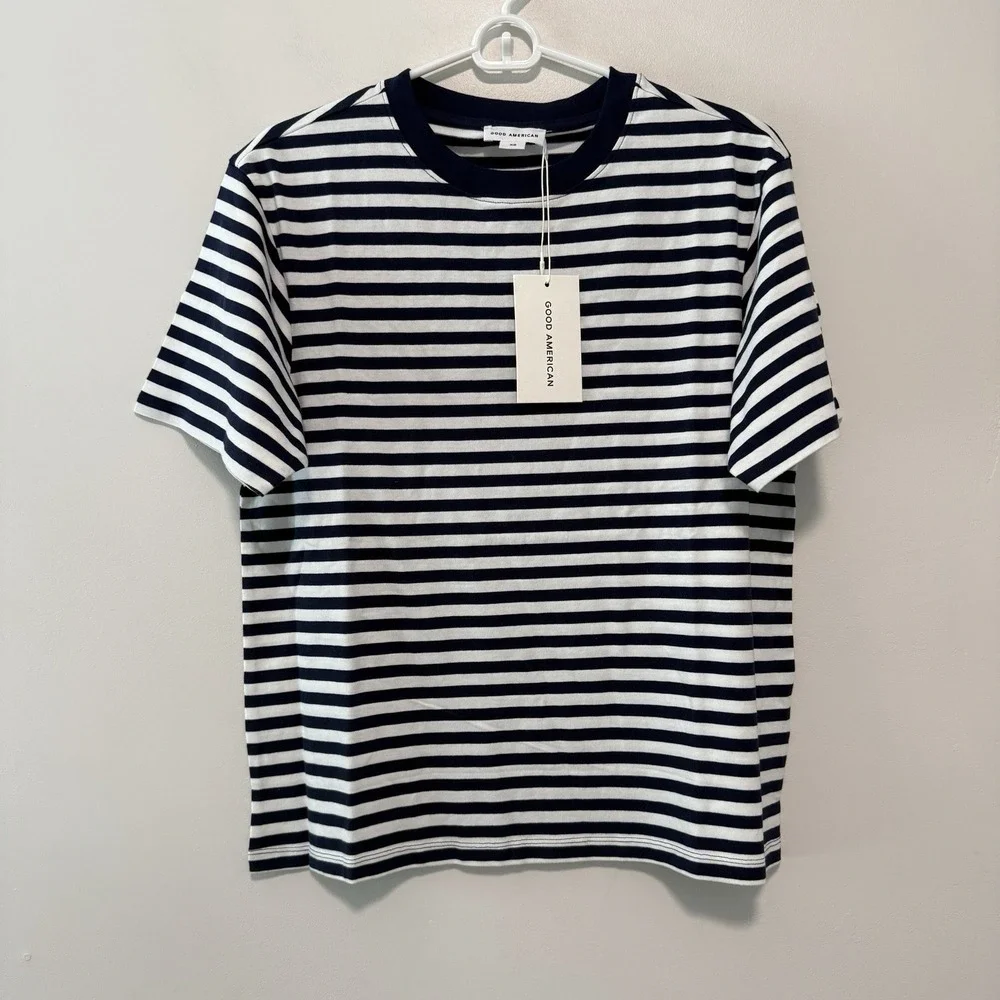 Good American NWT Oversized Blue Clean Stripe Cotton T-Shirt Size XS - Picture 2 of 6